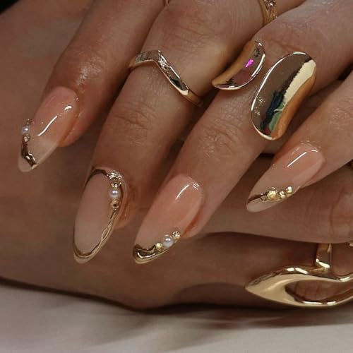 Gold French Tip Almond Press-On Nails - Medium Fake Nails Set (24 Pcs)