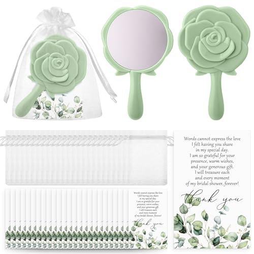 Wenqik 24 Sets Bridal Shower Favors Rose Compact Mirrors Bulk Wedding Favors for Guests Rose Compact Handheld Mirrors with Thank You Cards and Organza Bags Wedding Party Guests Souvenir Gifts (Green)