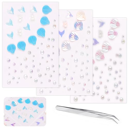 Glitter Rhinestone Tattoo Stickers for Makeup, Shell Fish Tail Flowers Face Eye Gems, Self Adhesive Face Jewelry with Ocean Color, Cute Mermaid Face Stickers, Birthday Rave Concert Party Supplies