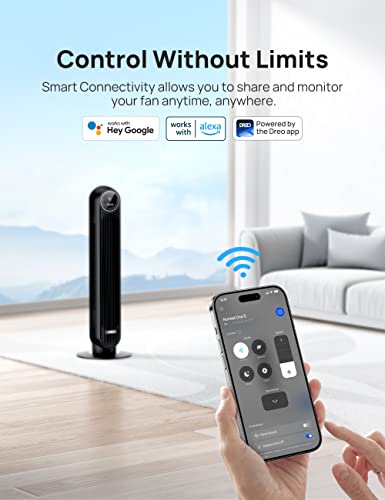 Dreo Tower Fan for Bedroom, Smart Oscillating Quiet Floor Fans, Standing Bladeless Fan with Remote and WiFi Voice Control, 4 Modes, 4 Speeds, 8H Timer, 28dB, Works with Alexa/Google