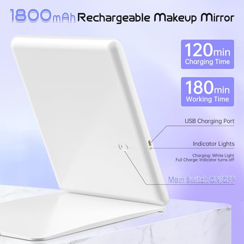FUNTOUCH Large Rechargeable Travel Makeup Mirror with Light, Portable Makeup Mirror with 10X Magnifying Mirror 3 Lighting Modes, Dimmable Touch Screen, Tabletop Folding Travel Mirror with Storage Bag