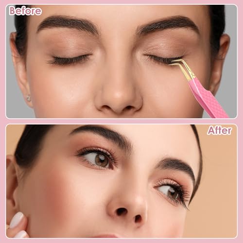 2Pcs Lash Tweezers for Eyelash Extensions 90 Degree Eyelash Extension Tweezers Fiber Tip Lash Tweezers False Eyelash Tweezers Lash Cluster Tweezers for Volume Lashes, Pink