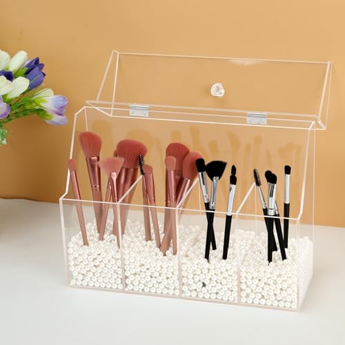 Acrylic Makeup Organizer, Clear Cosmetic Brush Storage Box With 4 Brush Holders (Pearl not included),Makeup Brush Holder with Dust Cover, Large-capacity Split Design Organize the Desktop