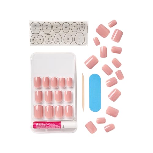 KISS Gel Fantasy Press On Nails, Nail glue included, 'Ribbons', Pink, Short Size, Squoval Shape, Includes 28 Nails, 2g glue, 1 Manicure Stick, 1 Mini File