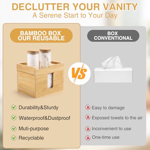 Bamboo Disposable Face Towel Holder with 2 Glass Jars - Open-Top Skincare Organizer for Facial Cleansing Wipes & Beauty Essentials - Bathroom Countertop Vanity Organizer