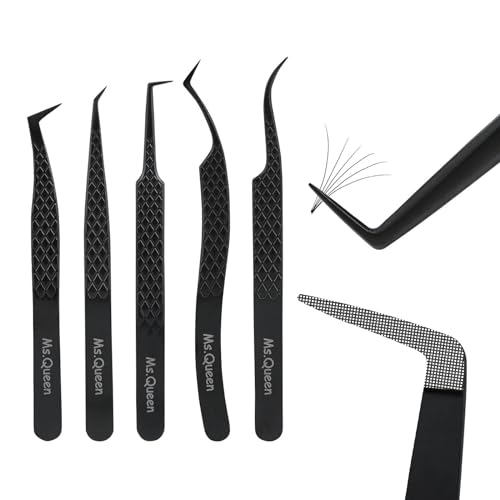 Ms.Queen Lash Tweezers for Eyelash Extensions,Set of 5,Fiber Tip Curved 45 90 Degree and L-Shape Boot Lash Tweezers for Mega Volume & Classic Lashes,Black