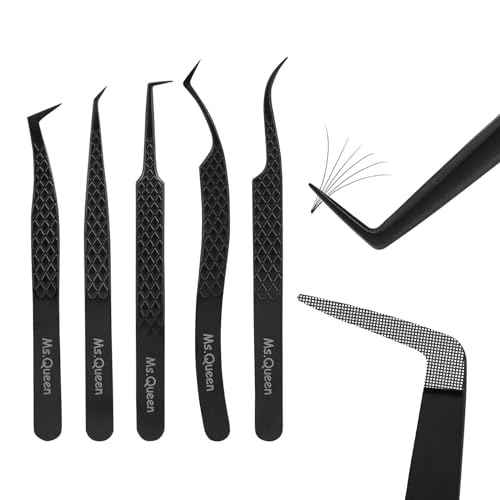 Ms.Queen Lash Tweezers for Eyelash Extensions,Set of 5,Fiber Tip Curved 45 90 Degree and L-Shape Boot Lash Tweezers for Mega Volume & Classic Lashes,Black