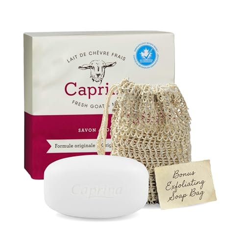 Caprina Fresh Goat Milk Soap Bar, ORIGINAL, 3.17 oz Each (3-Pack), Moisturizing & Gentle Cleansing, Includes Exfoliating Mesh Pouch