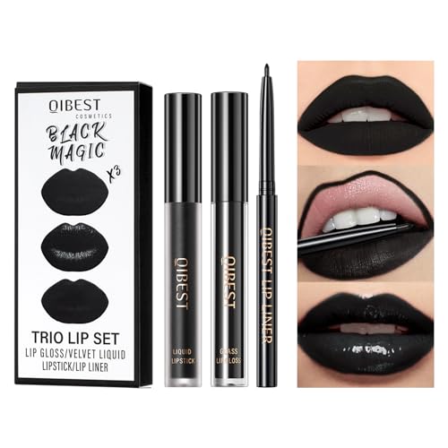 QiBest 3-in-1 Black Lipstick Set – Matte, Gloss & Liner