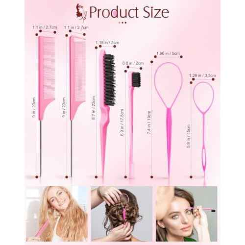 Aigee 8Pcs Hair Styling Combs Set Include 4Pcs Topsy Hair Tail Tools 2 Styles of Rat Tail Comb,1Pcs Bristle Teasing Slick Back hair Brush,1Pcs Edge Control Brush,Eyebrow Brush for Woman Girl Pink