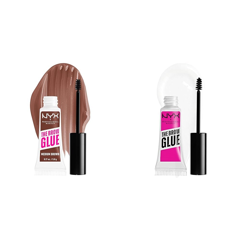 NYX Brow Glue Extreme Hold Tinted & Clear Eyebrow Gels Bundle - Medium Brown & Clear