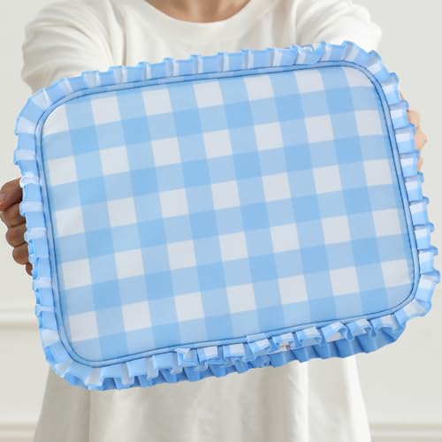 Gingham Ruffle Makeup Bag Large Travel Cosmetic Organizer