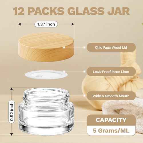 Bumobum 12 Pcs 5 Grams Glass Cosmetic Jars with Plastic Wood-Grain Lids, 5 ml Lip Balm Containers Empty Tiny Sample Jars for Lip Scrub Makeup Eye Cream Travel