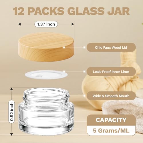 12 Pack Mini 5g Glass Jars with Wood Grain Lids for Lip Balm & DIY Cosmetics