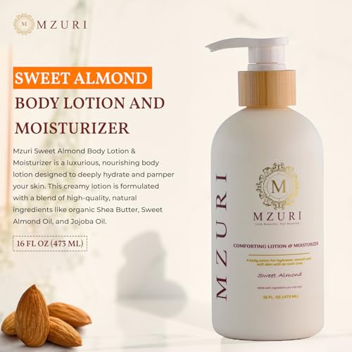 MZURI Body Lotion & Moisturizer ? Sweet Almond Oil | Lightweight, Fast-Absorbing Hydrating Body Lotion for Dry, Sensitive Skin | Paraben-Free Daily Body Care for Women & Men | 16 fl oz