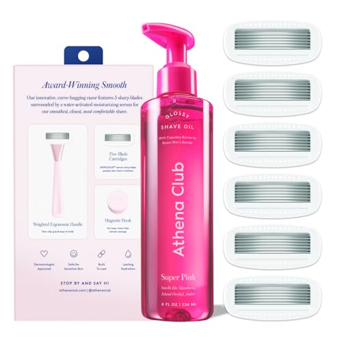 Athena Club Women¡¯s Razor Shave Kit, 5-Blade Cartridge Razor for Sensitive Skin, Serum-Infused Blades with Shea Butter and Hyaluronic Acid, Includes Handle, 6 Refills, Shower Hook, and Shave Oil