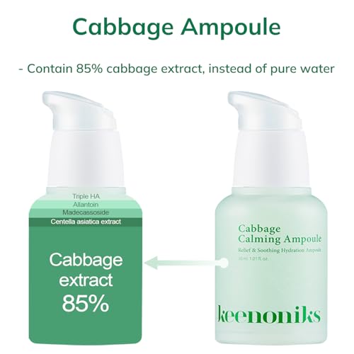 keenoniks Cooling Hyaluronic Acid Ampoule Serum - 85% Cabbage Extract Calming Facial Remedy to Soothe and Moisturize for Sensitive, Dry Skin | Balancing Korean Essence - 1.01 Fl Oz