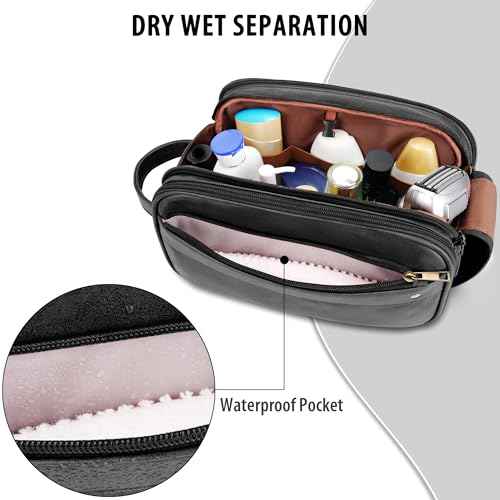 Travel Toiletry Bag for Men, Large Hanging Toiletries Organizer Bags for Women, Cruise Ship Essentials, Water-resistant Shaving Case, PU Leather Makeup Accessories, Cosmetic Dopp Kit, Black