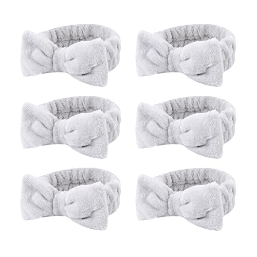 Casoty 6 Pcs Grey Spa Headband, Bow Hair Band, Soft Coral Fleece Makeup Headband, Hair Band for Washing Face, Skincare Headbands for Face Washing Shower Skin Care Yoga