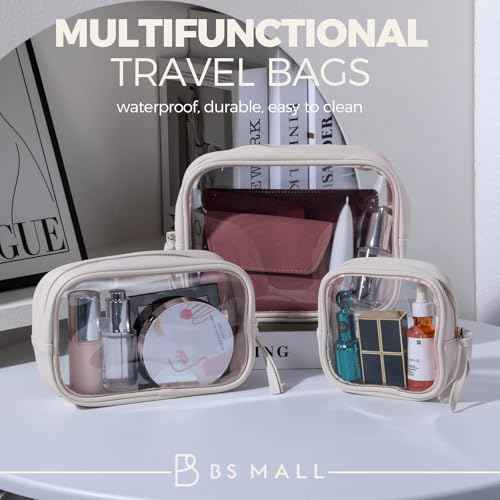 BS-MALL 3 Pack Travel Size Clear Toiletry Bag - Waterproof Makeup Organizer For Brushes & Eye Shadow -Gift Bags For Daily Use & Travel Essentials