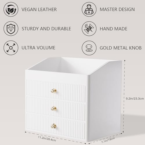 Beige Leather Vanity Organizer with 3-Tier Drawers