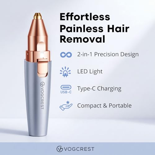 VG VOGCREST Sky Blue 2-in-1 Facial & Eyebrow Trimmer, Painless USB Rechargeable with LED Light