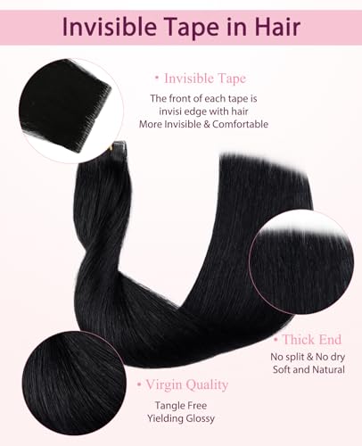 Pinkpearl 14-Inch Jet Black Invisible Tape In Hair Extensions - 20pcs Remy Human Hair