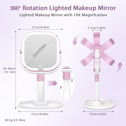 Unbednigt 1X/10X Magnifying Makeup Mirror with Lights - Cordless, Adjustable Height & 3 Color Temperatures