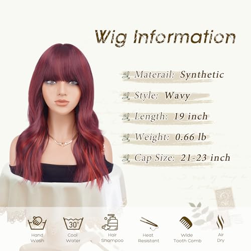 Red Wavy Wig with Bangs - 19 Inch Heat Resistant Synthetic