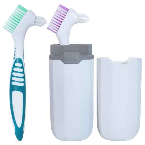 2Pcs Denture Brush False Teeth Toothbrush with 1 White Carrying Case, Effective Denture Cleaning Brush with Multi-Layered Soft Bristles,Green and Purple