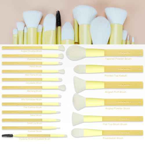 Yellow Make Up Brush Set ? 18PCS Makeup Brushes for Powder, Foundation, Eyeshadow ? With Rubber Coated Handles, Painted Aluminum Ferrules, Travel Bag & 2 Makeup Sponges? For Women & Beginners