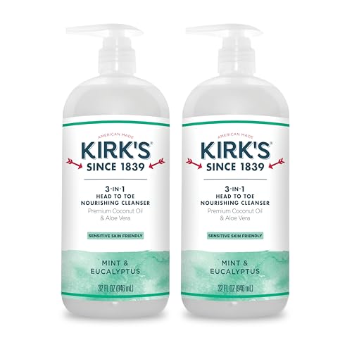 Kirk's 3-in-1 Liquid Soap Head-to-Toe Shampoo, Face Soap & Body Wash for Men, Women & Children | Mint & Eucalyptus Scent | 32 Fl Oz. - 2 Pack