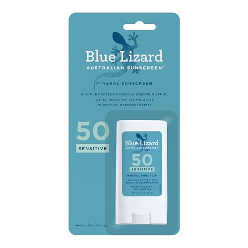 Blue Lizard SPF 50 Mineral Sunscreen Stick for Sensitive Skin, Water-Resistant, Fragrance-Free, 0.5 Oz