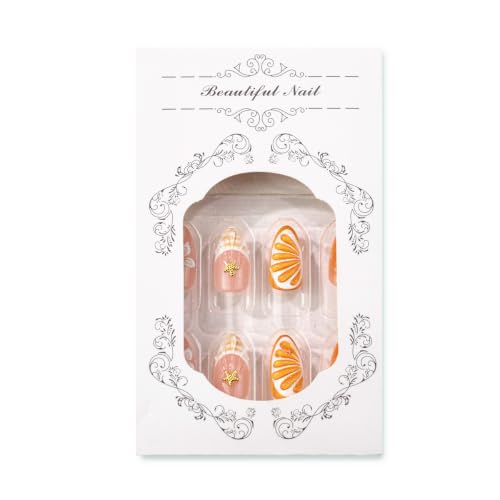 UZJXQ Medium Orange Ombre 3D Shell Gold Fake Nails - Style-3 Short, 24Pcs