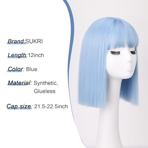 Light Blue Bob Wig 12 Inch Short Straight Synthetic Hair