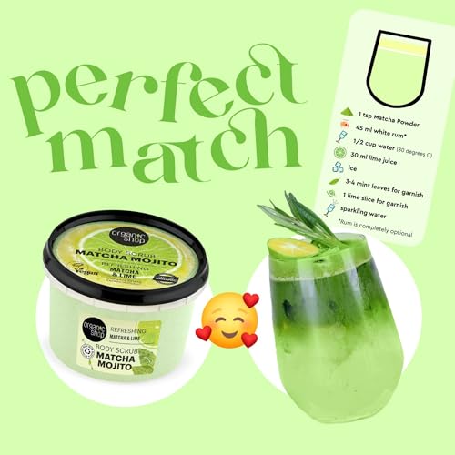 Organic Shop Matcha & Lime, Refreshing & Exfoliating Body Scrub, 100% Vegan & Organic, Daily Exfoliant, Detox & Moisturizer, Body, Face, Hand & Foot, Intensive Care & Skin Toning. 250ml.