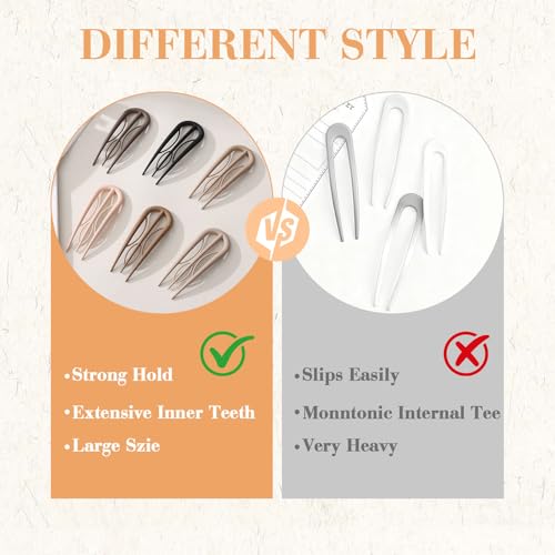 French Hair Pins 6 Pack - Large U-Shaped French Twist Hair Clips in Light Khaki & Brown