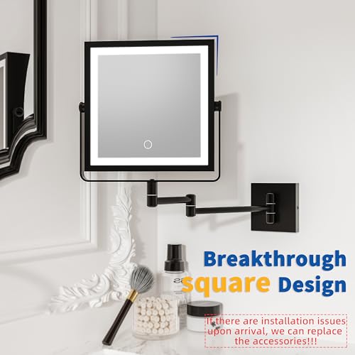 Ruacq Rechargeable Wall Mounted Makeup Mirror with Lights, Double Sided 1X/10X Magnifying Vanity Mirror with 3 Color Lighting, Touch Screen Dimmable, 360¡Æ Rotation Extension Foldable Arm(Matte Black)