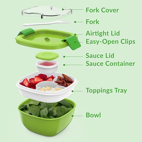 Bentgo All-in-One Salad Container - Large Salad Bowl, Bento Box Tray, Leak-Proof Sauce Container, Airtight Lid, & Fork for Healthy Adult Lunches; BPA-Free & Dishwasher/Microwave Safe (Green)