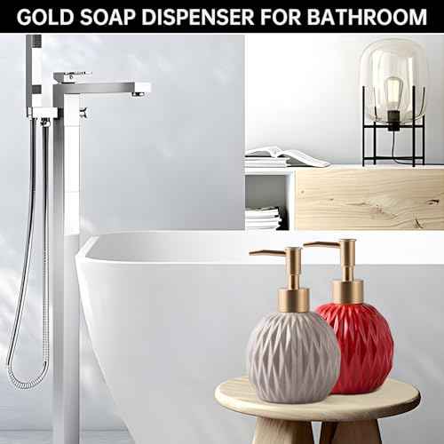 Ceramics Gold Soap Dispenser for Bathroom, Relief Soap Dispenser for Kitchen Sink, 400ml/13.5Oz Refillable Liquid Hand Soap Bottle with Gold Pump (Red).