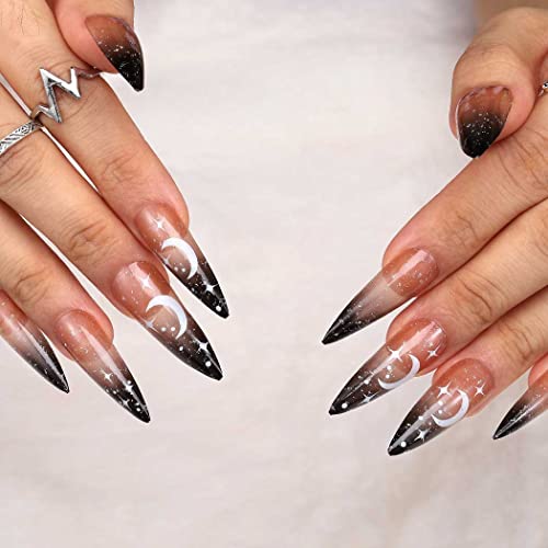 Outyua Stiletto Halloween Long Press on Nails with Designs Moon Acrylic Fake Nails Ballerina False Nails Full Cover Nails 24Pc (Moon)