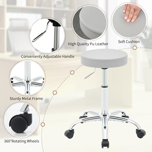 Rolling Stool Adjustable Height 19.5¡¯¡¯-26.6¡¯¡¯,Tattoo Chair for Artist, Gray Stool for Hairstylist (Gray)