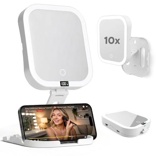 10X Magnifying Travel Makeup Mirror with Lights, Rechargeable