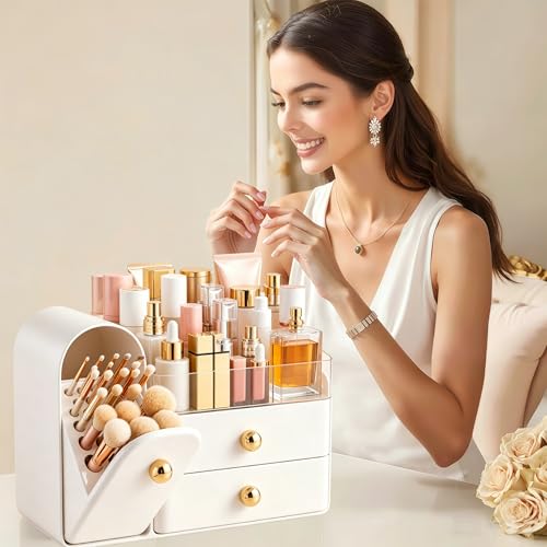 HBlife Makeup Organizer with Drawers & Brush Holder - White & Gold