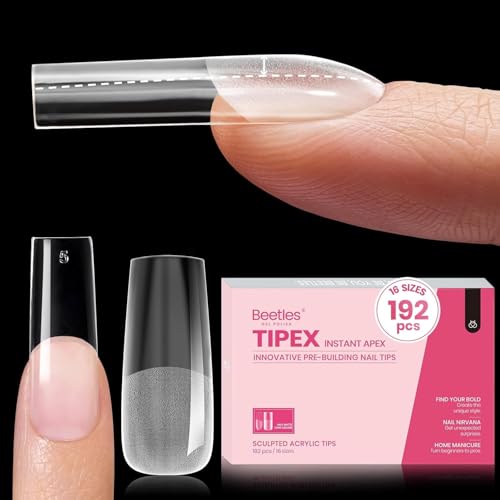 Beetles Tipex Instant Apex Long Square Nail Tips, 16 Sizes, 192 Pcs – Pre-Etched, Strong Extension