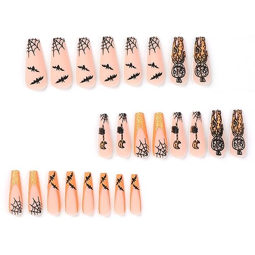 24Pcs Halloween Press on Nails Long Coffin Fake Nails Orange French Halloween False Nail Tips Sparkle Pumpkin Bat Spider Web False Nails with Designs Long Coffin Halloween Stick on Nails for Women