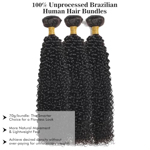 Kinky Curly Bundles Human Hair 12 14 16 Inch Human Hair Bundle 100% Unprocessed Brazilian Virgin Hair 3 Bundles for Black Women Weave Extensions Natural Black