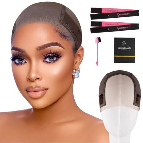 Lace Wig Grip Cap Women: 4x5 Transparent Swiss Lace Area - Non-slip Wig Gripper for Keeping Wigs Lace Front In Place - Stocking Dome Cap with Built In Elastic Headband (Medium Brown)