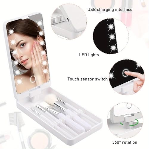 Portable Makeup Mirror with LED Lights, Rechargeable LED Makeup Mirror with Brush Set, for Women, Birthday Gift for Teens (Pink)
