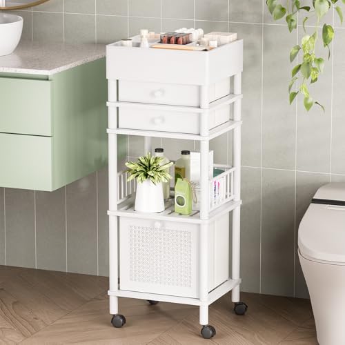 Bamboo Makeup Organizer Cart with 3 Drawers - Rolling Vanity Storage